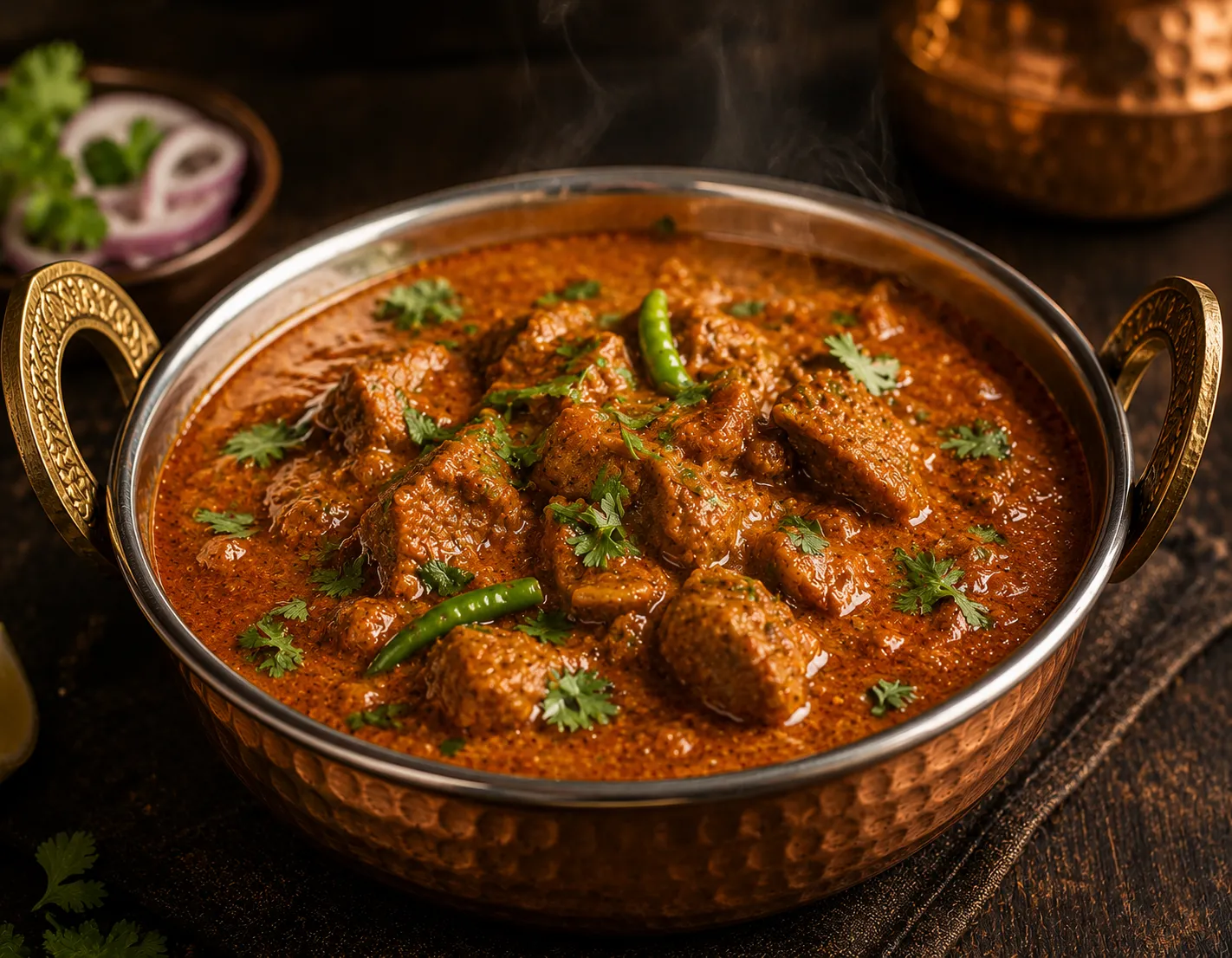 [ALT-TEXT: Curry serviert in einer Kupfer-Handi]