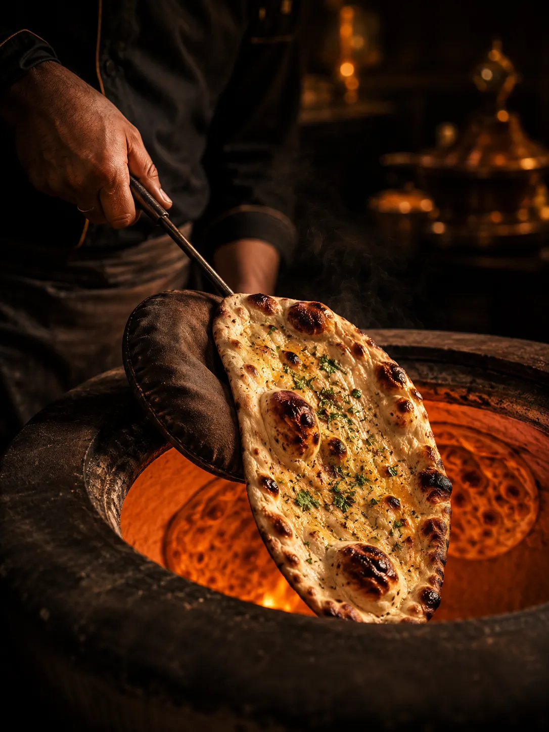 [ALT-TEXT: Frisches Naan kommt aus dem Tandoor]